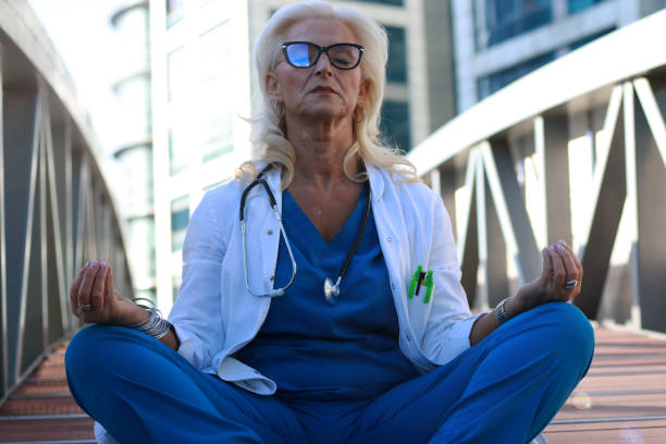 istock Meditation doctor after hard day on work 2096230440