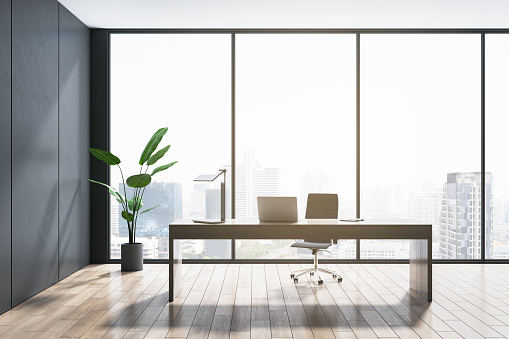 Modern home office interior with wooden flooring, panoramic window and city view, workplace and sunlight. 3D Rendering