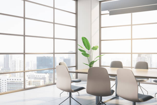 istock Contemporary conference room interior with window and city view. 3D Rendering. 2096242010