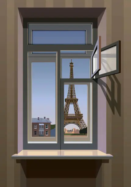 Vector illustration of Window overlooking the Eiffel Tower. Vector.