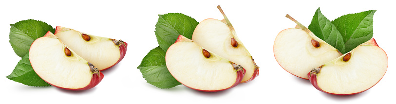 Isolated apple with leaf. Apple fruits and slice apple on white background with clipping path. High End Retouching