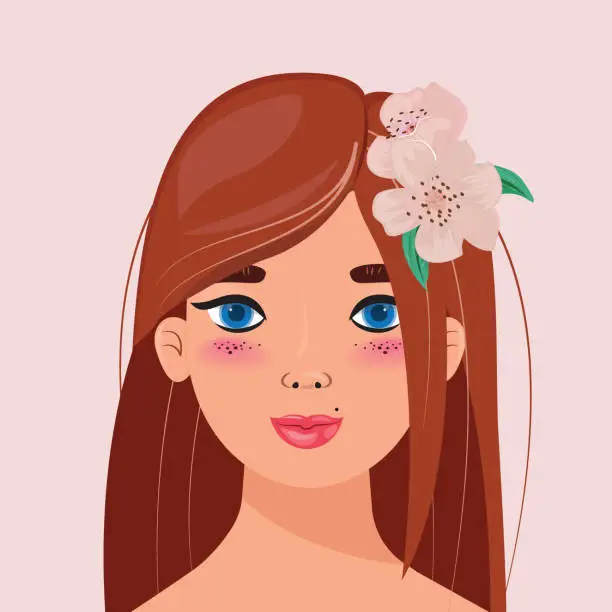 Vector illustration of Red-Haired Beauty with Floral Accents
