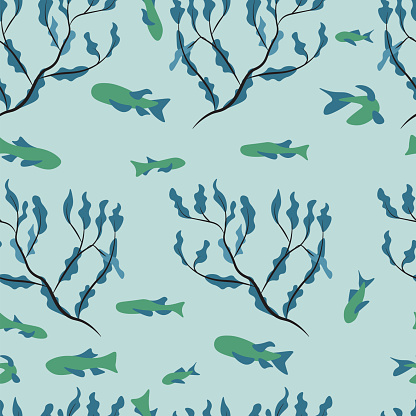 Seamless pattern with fish and seaweeds. Vector illustration.