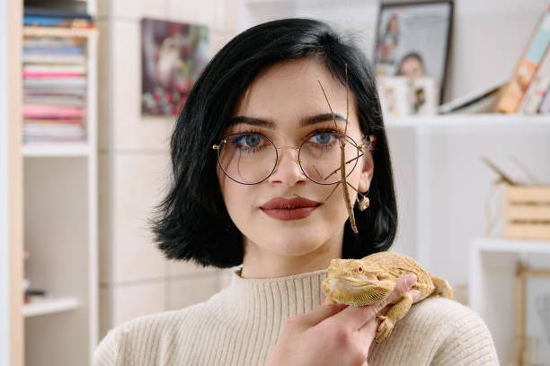 istock Woamn and Her Pets: A Bearded Dragon and a Stick Insect 2096264216