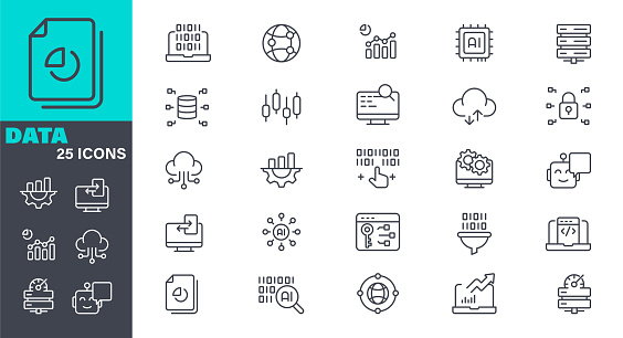 Big Data line vector icon set. 25 linear icon. Editable outline stroke. The set contains icons: Icon Symbol, Technology, Artificial Intelligence, Machine Learning, Connection