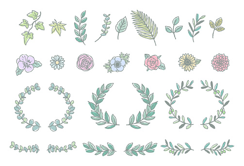 Clip art set of various leaves and flowers Hand drawing