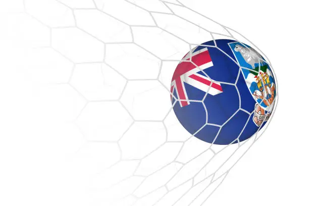Vector illustration of Falkland Islands flag soccer ball in net.