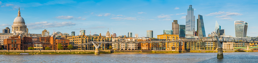 The Millennium Bridge across the River Thames overlooked by St. Paul’s Cathedral and the futuristic spires of the City of London financial district skyscrapers in the heart of the UK’s vibrant capital city.