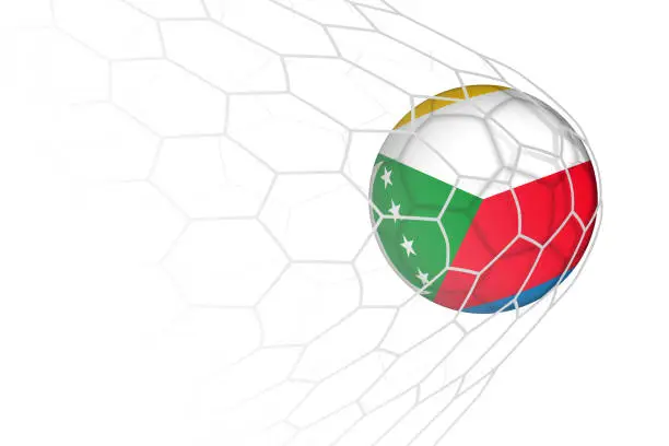 Vector illustration of Comoros flag soccer ball in net.