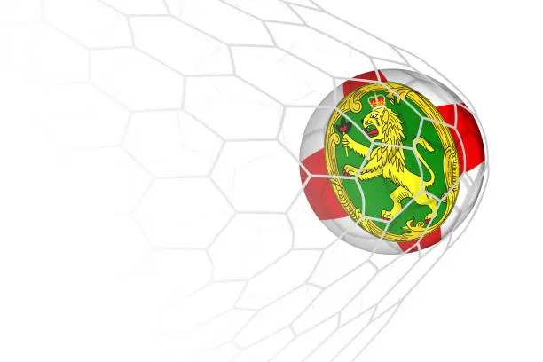 Vector illustration of Alderney flag soccer ball in net.