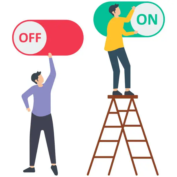 Vector illustration of Power toggle to switch on or off, Turn on the switch, Turn off the switch, start a new business, set or preference illustration, the team pushes the setting button switch to the on or off position.