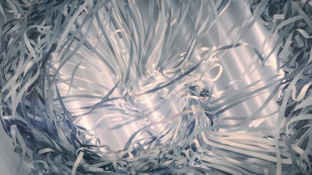 Three-dimensional strips of fabric intertwine and twirl in a swirl, pierced by bright rays of light. 3d rendering digital animation 4K
