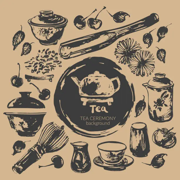 Vector illustration of Hand drawn ink sketch of teapot, cups, whisk, leaves, fruits, scoop traditional asian style.