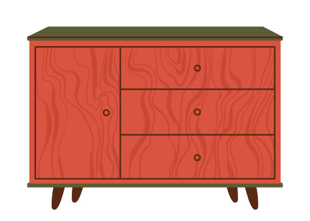 チェスト。家のインテリアのための赤い木製のモダンな箪笥やドレッサー。リビングルーム用のスカンジナビアスタイルのトレンディな収納家具。白い背景にフラットなベクトル図。 - closet cabinet dresser drawer点のイラスト素材／クリップアート素材／マンガ素材／アイコン素材