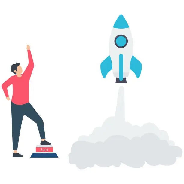 Vector illustration of men launch new business ventures, Start business, startup business,  launch a successful rocket, startup project or boost company growth, invention concept, man entrepreneur push switch to launch rocket into sky.