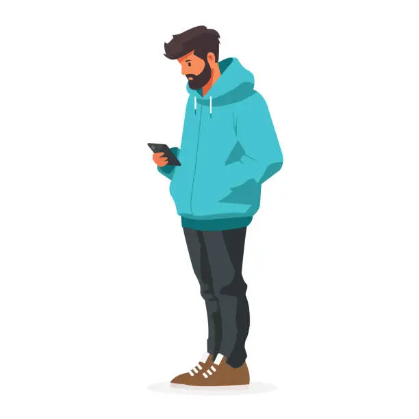 Vector illustration of A man standing looking at a full-length phone, flat illustration, user interface illustration, isolated on a white background