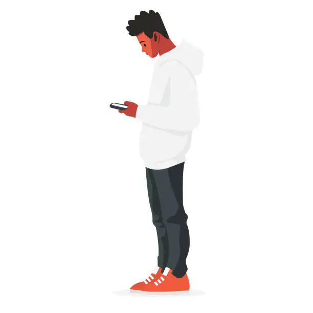 Vector illustration of A man standing looking at a full-length phone, flat illustration, user interface illustration, isolated on a white background