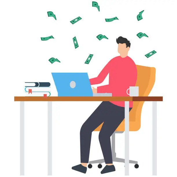 Vector illustration of Man earn online passive income, Make money online, earn passive income from internet jobs, make profit or earn online from investment or stock trading, online earn money concept, freelancer  making money from laptop concept.