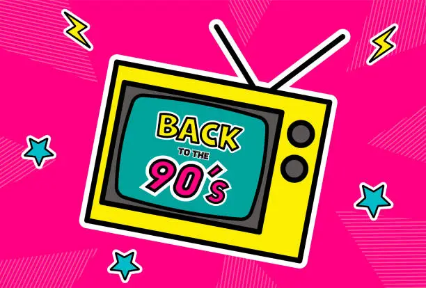 Vector illustration of Back to the 90's. TV, Thunderbolt Shape, Star Shape. Design in 1990s Style.