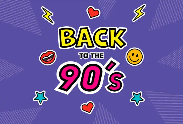 Vector illustration of Back to the 90's. Lips, Smiley Face, Thunderbolt Shape, Heart Shape, Star Shape. Design in 1990s Style.