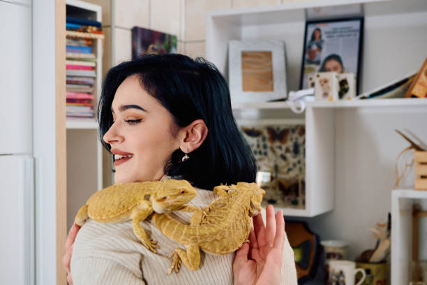 istock Beautiful Woman Posing with Her Two Adorable Bearded Dragon Pets 2096357722