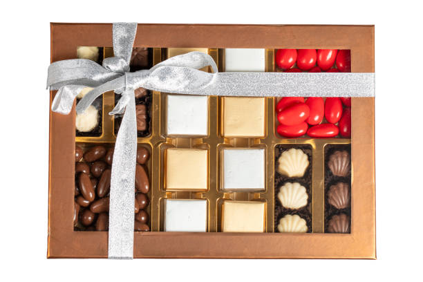 istock Packaged chocolate box. Pastry product. Gift chocolate box prepared with various chocolates isolated on white background. Top view 2096360881