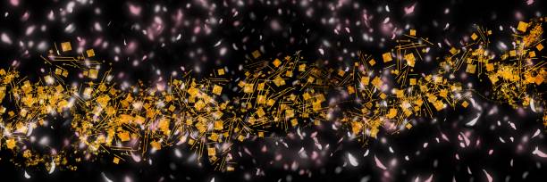 istock Wide size black background illustration with Japanese-style gold leaf cut-outs and dancing cherry blossom petals. 2096369803