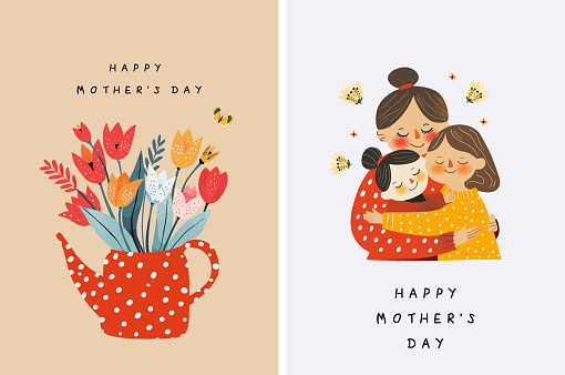 Happy Mother's Day. Vector cute illustration of mother, grandmother and daughter hugging, watering can with tulip flowers and polka dots pattern for greeting card, poster or background