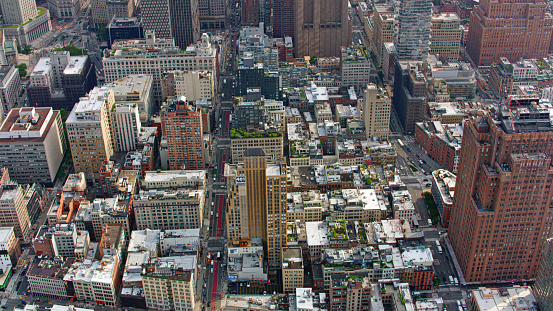 Aerial view of residential buildings in New York City, New York State, USA.