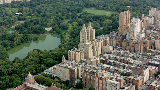 Aerial view of Central Park in front of apartment building in New York City, New York State, USA.