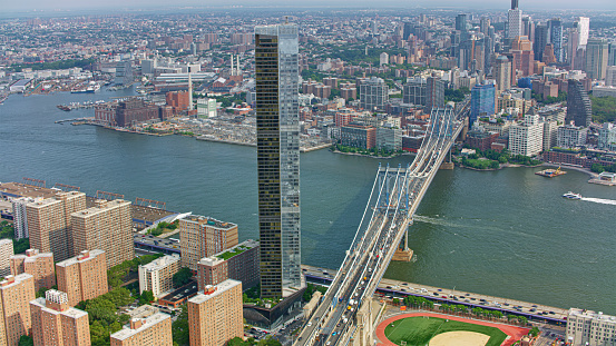 Aerial view of Manhattan Bridge over East River in Manhattan, New York City, New York State, USA.