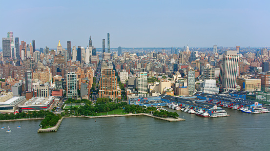 Aerial view of Chelsea Piers Golf Club with Midtown Manhattan skyline, New York City, New York State, USA.