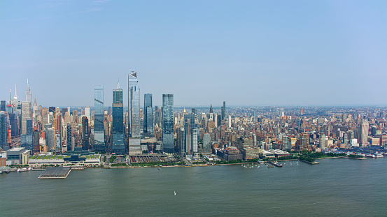 Iconic World Trade Center featured as landmark of the Twin Towers from New Jersey and Hudson River. Archival vintage cityscape of New York city skyline. Manhattan in NYC, United States.