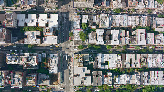 Aerial view of residential buildings in New York City, New York State, USA.