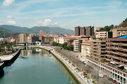 General view of the city center of Bilbao, Spain, by the Nervion river