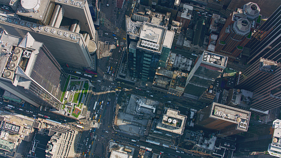Aerial view of modern skyscraper buildings in New York City, New York State, USA.