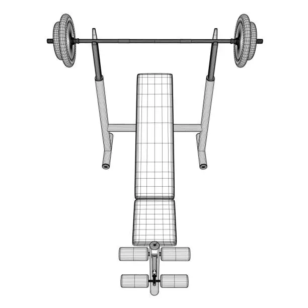 Vector illustration of Wireframe of Gym bench and barbell on white stand isolated on white background. Vector illustration. Line art vector of Barbell Bench Press. Top view. 3D.