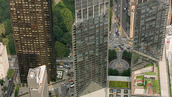 Aerial view of Columbus Circle surrounded by modern buildings, New York City, New York State, USA.