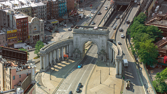 Aerial view of Manhattan Bridge Arch and Colonnade in New York City, New York State, USA.