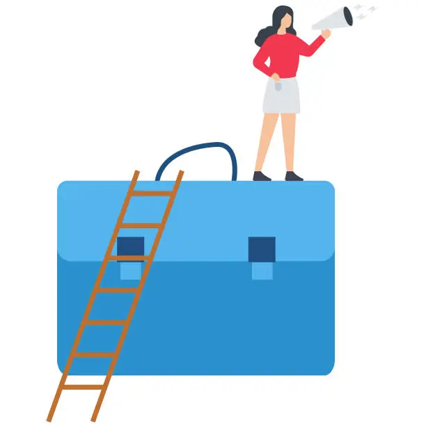 Vector illustration of Businesswoman looking for a job, Speak up, communicate with confidence, telling the truth, presentation skill, storytelling, motivational speaker, presentation or shout out concept, confident woman leader speak out in the megaphone standing on business br