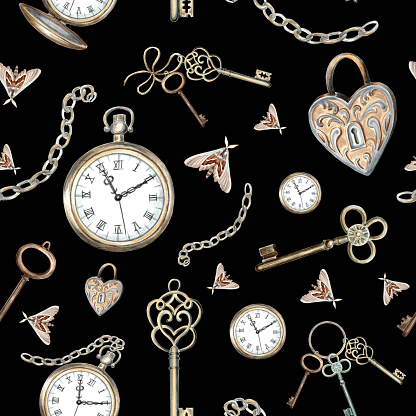 Pocket watch, keys, chain, lock, moths on a black background. Watercolor seamless pattern with vintage elements. Hand drawn retro illustration Template for wallpaper, scrapbooking, wrapping, textile.