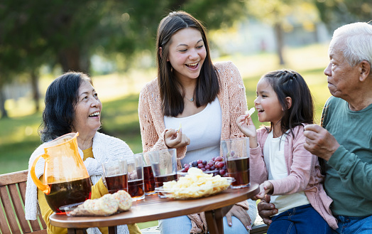 A senior Asian couple spending time with two of their granddaughters outdoors in the back yard or a park, eating snacks and enjoying refreshments. The youngest girl, 5 years old, is sitting on grandfather's lap. She and her teenage cousin are both multiracial, Asian and Caucasian.