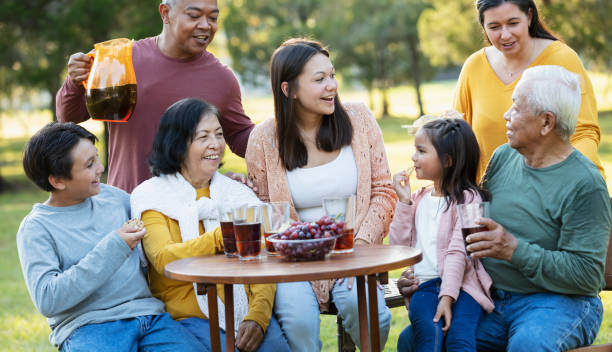 multi-generation multiracial family eating in back yard - filipino ethnicity grandfather senior adult family - fotografias e filmes do acervo