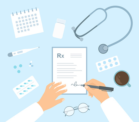 Doctor Signing Prescription. High Angle View Of Doctor's Table With Stethoscope, Thermometer, Pills And Calendar