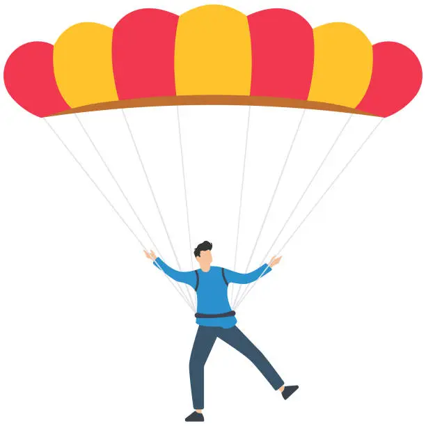 Vector illustration of Male skydiver with parachute, Male skydiver landing with parachute illustration. Extreme sportsman enjoying parachuting illustration, dangerous hobby concept