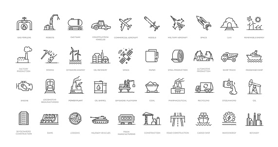 Aerospace, shipbuilding, production, mining, industrial icons. Outline icon collection