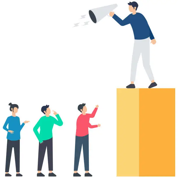 Vector illustration of Business leader announcing to team, Leader communication, executive management skill to communicate with employees, send important messages, announcement illustration, man with megaphone businessman giving speeches with public.