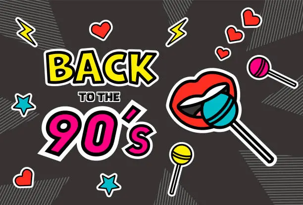 Vector illustration of Back to the 90's. Lips, Lollipop, Thunderbolt Shape, Heart Shape, Star Shape. Design in 1990s Style.