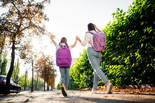 Full size rear portrait of two funky carefree sisters hold arms carry rucksack walk park sunlight outdoors.