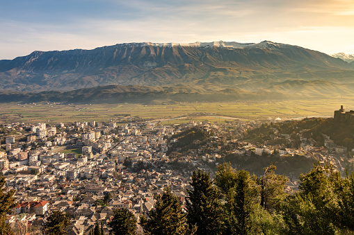 Aerial view over Gjirokaster in Albania, a town surrounded by mountains